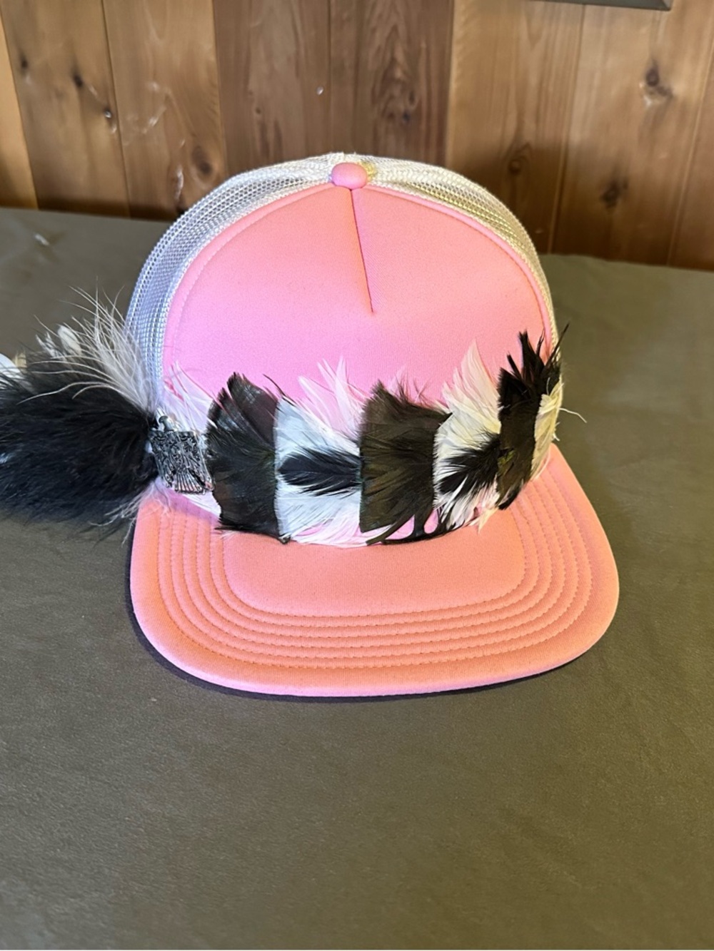 Handmade Flatbill Pink Feather Trucker Hat